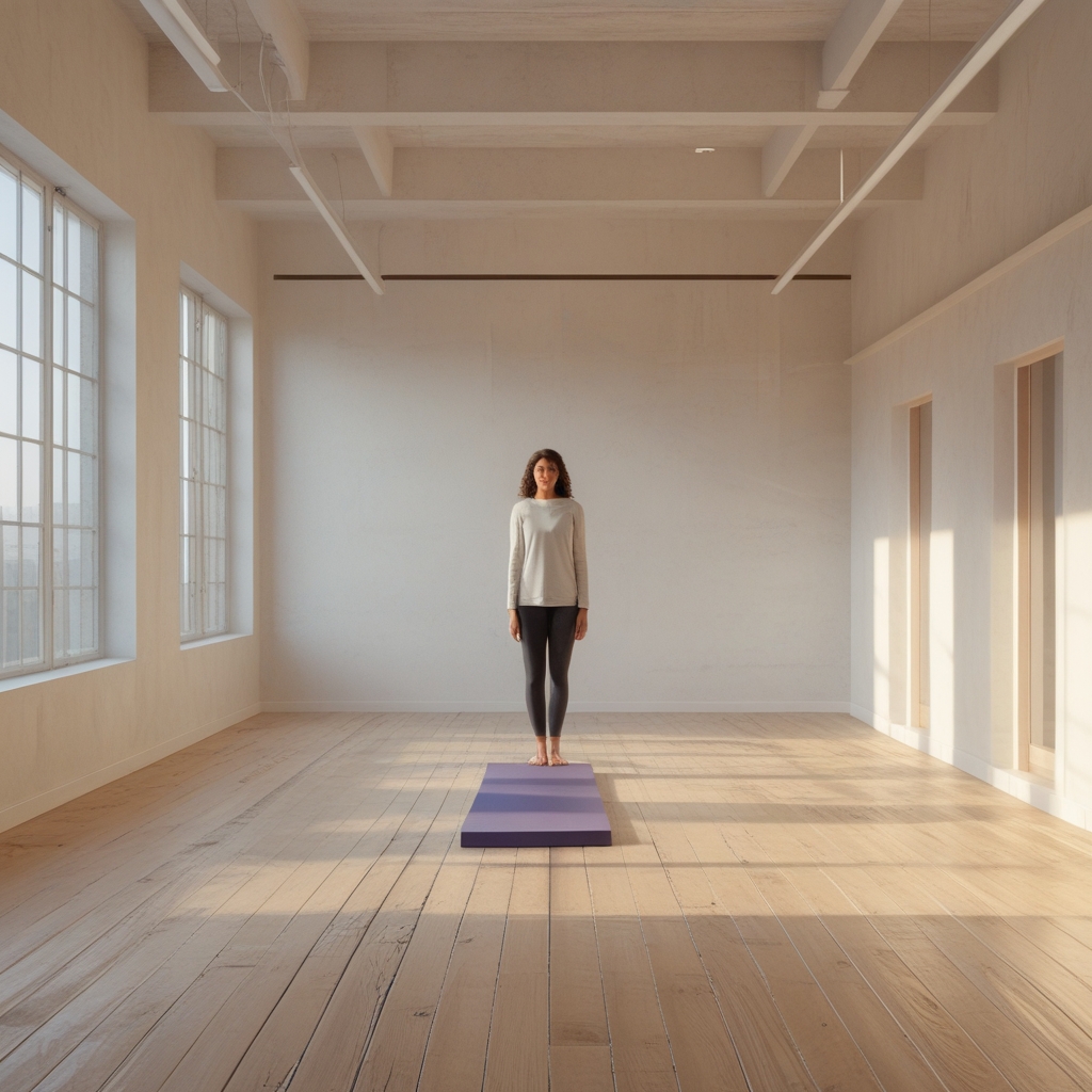 Spacious, minimalist movement studio interior with wooden floor, large windows letting in soft daylight, a single yoga mat placed carefully on the floor, architectural walls with clean lines