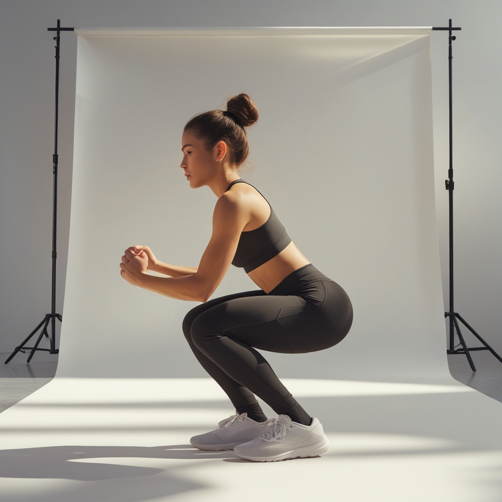 Detailed view of a person performing a controlled squat movement in a clean studio, focus on posture alignment and muscle engagement, dramatic side lighting on athletic clothing