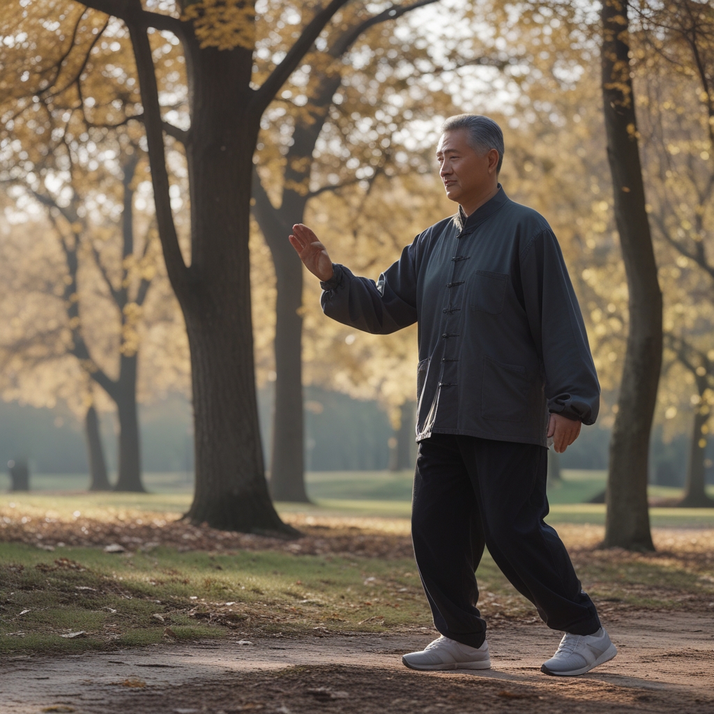 Mature adult person practicing slow tai chi movements outdoors in a serene park setting, autumn light filtering through trees, focused and peaceful expression, full body visible in natural landscape