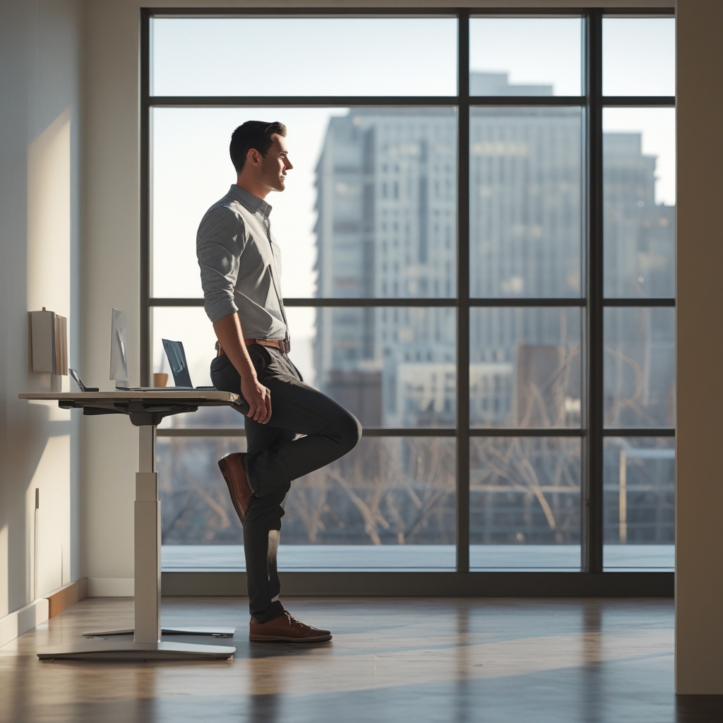 Person standing at a height-adjustable desk in a modern, naturally lit office, relaxed posture, large window in background showing urban landscape, minimalist workspace