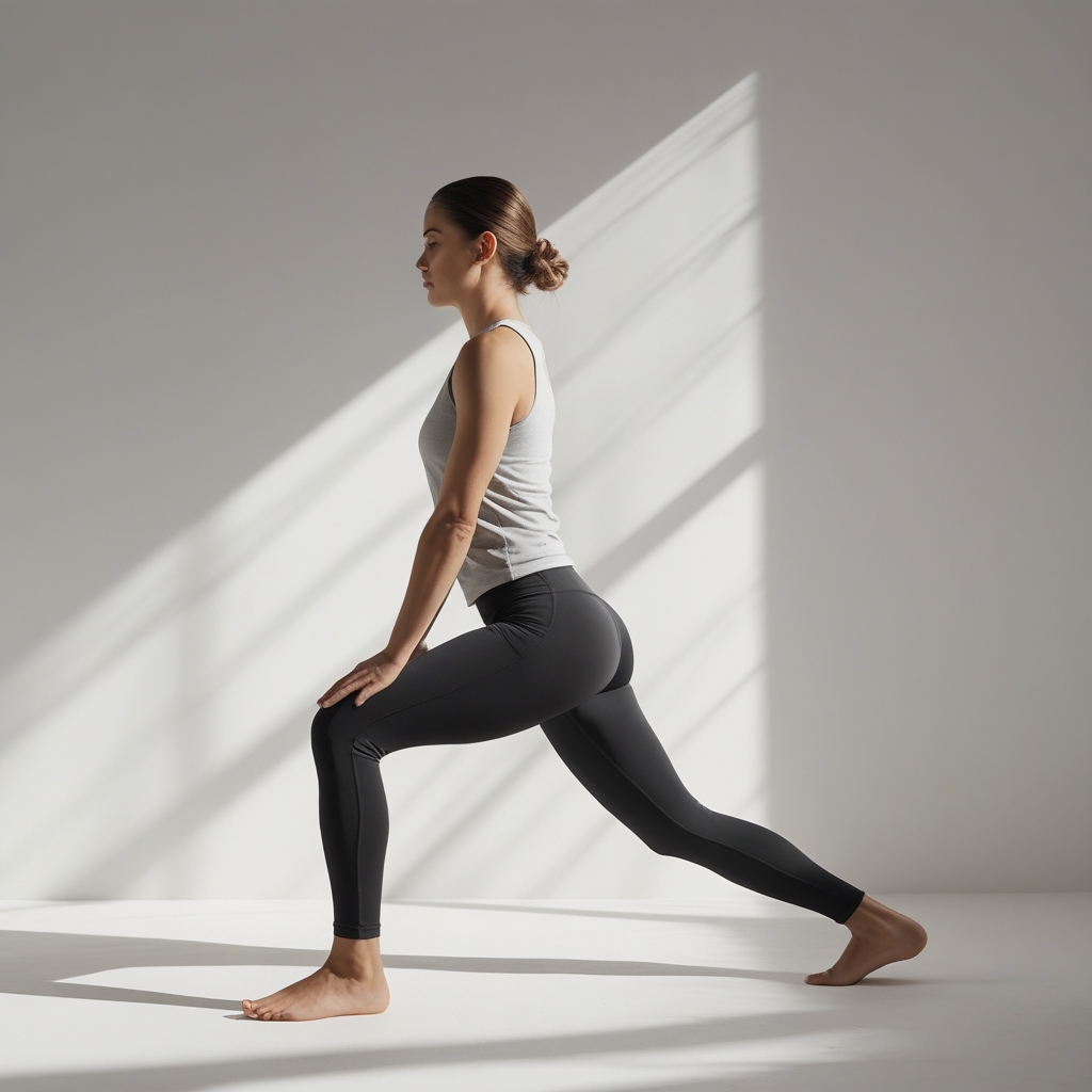 Side view of a person in a deep lunge position demonstrating hip flexor stretch, minimalist white studio, dramatic shadows highlighting body posture