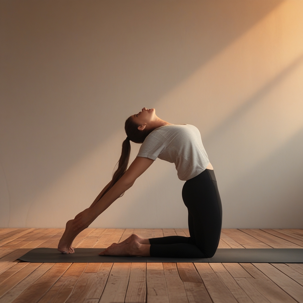 Person performing a gentle yoga stretch in a naturally lit studio space, wooden floor, calm and focused atmosphere, cinematic warm tones
