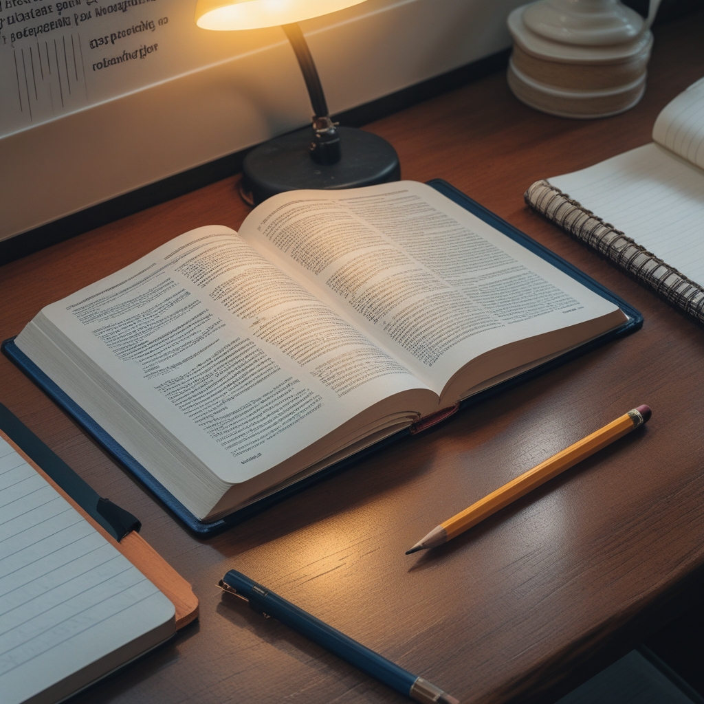 Open textbook on biomechanics and human movement science resting on a wooden desk, alongside a pencil and notebook, research setting with warm desk lamp illumination, scholarly and focused atmosphere